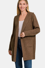 Brown Hooded Open Front Sweater Cardigan (Online Exclusive)