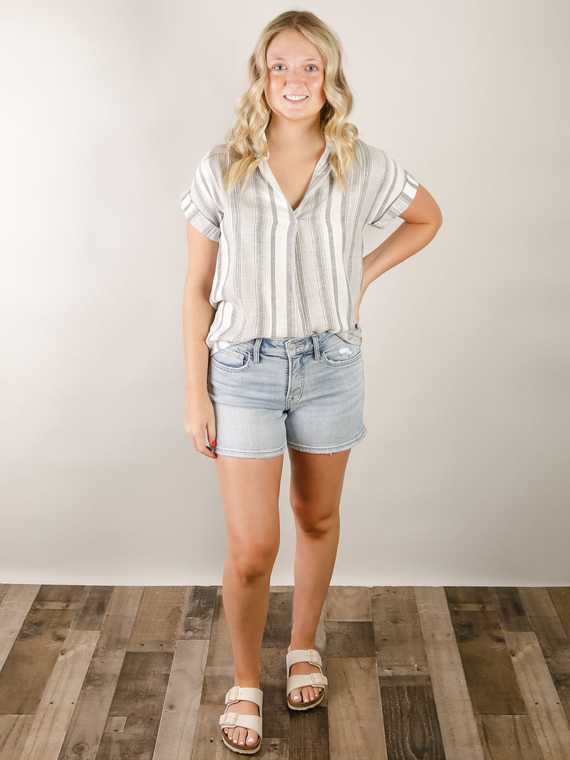 Navy Vertical Striped Rolled Up Shirt