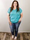 Curvy Turquoise Textured Ribbed V-neck Knit Top