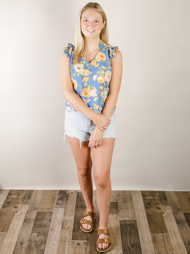 Blue and Yellow Floral Ruffled Sleeve Blouse