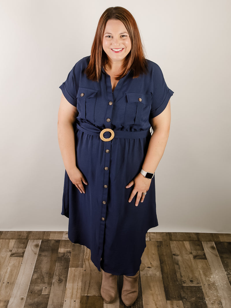 Curvy Navy Belted Shirt Dress