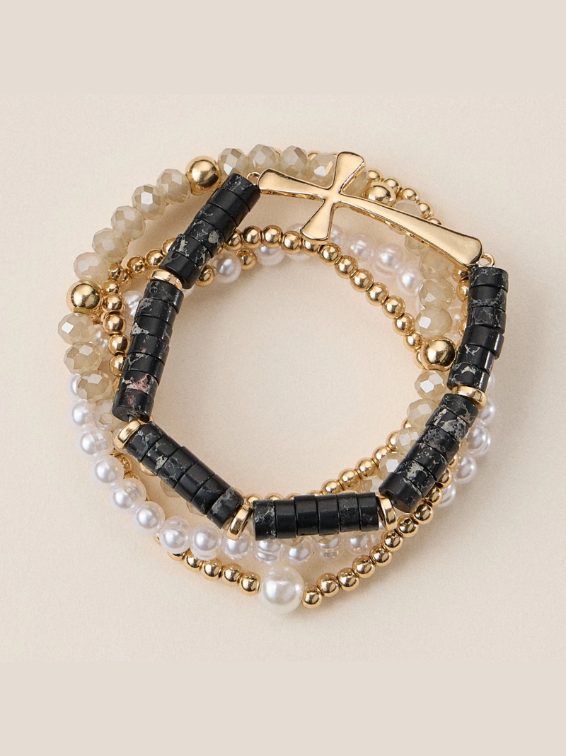 Faith & Cross & Pearl Stretch Bracelet Stack Set (Multiple Colors)