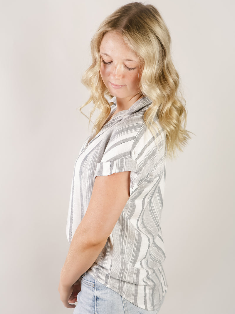 Navy Vertical Striped Rolled Up Shirt