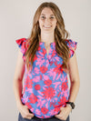 Royal Blue and Fuchsia Floral Sleeveless Blouse