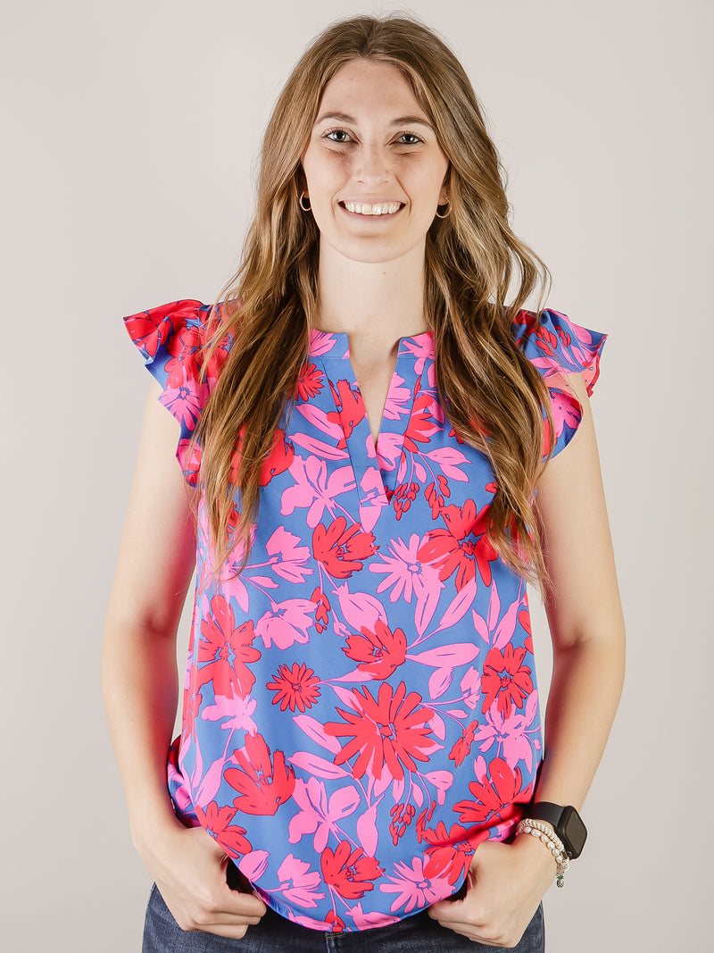 Royal Blue and Fuchsia Floral Sleeveless Blouse