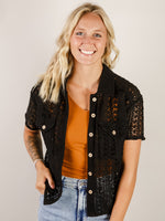 Black Crochet Knit Button Down