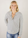 Ivory and Black Striped Long Sleeve with Eyelet V-Neck Detail