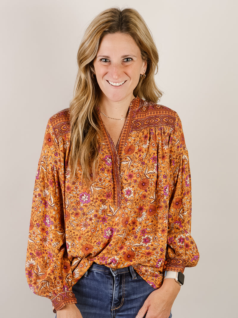 Clay Floral Print Long Sleeve V-Neck Blouse