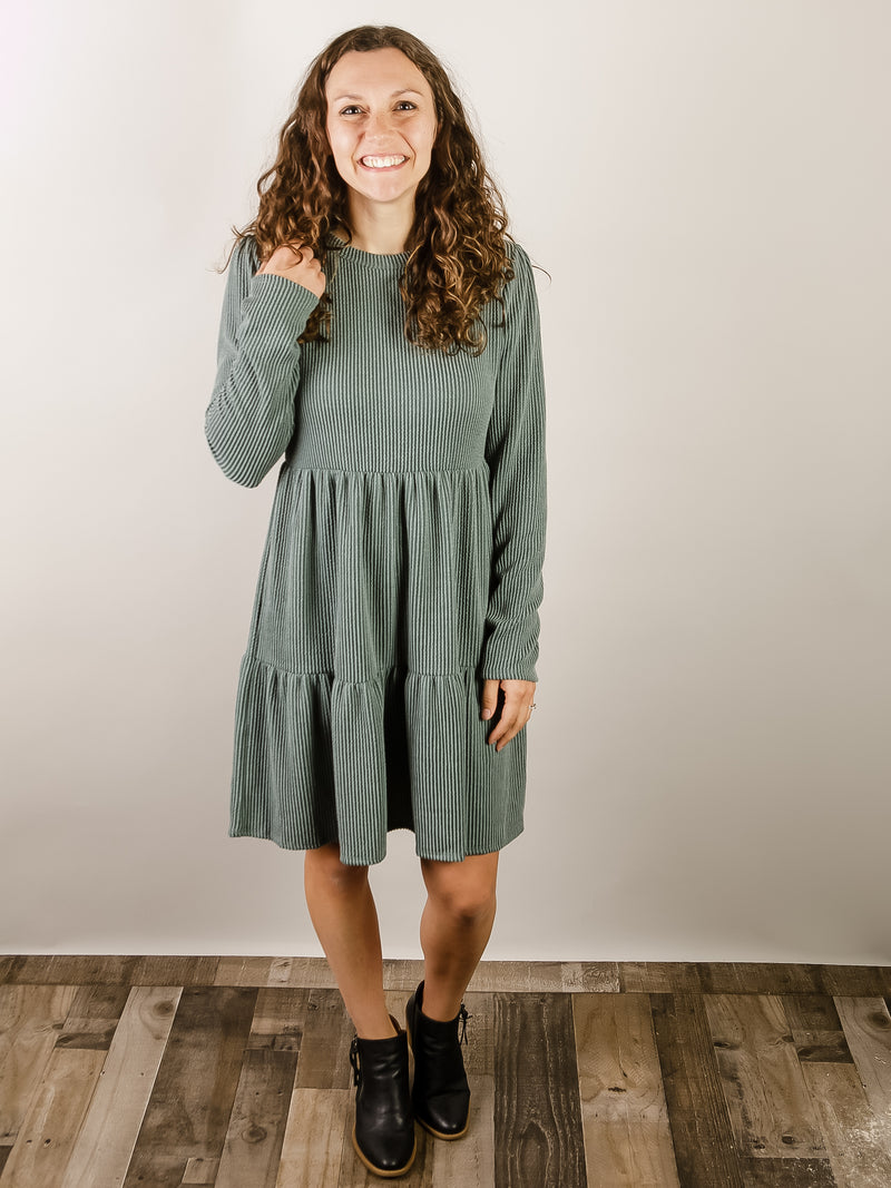 Vintage Olive Ribbed Tiered Knit Dress