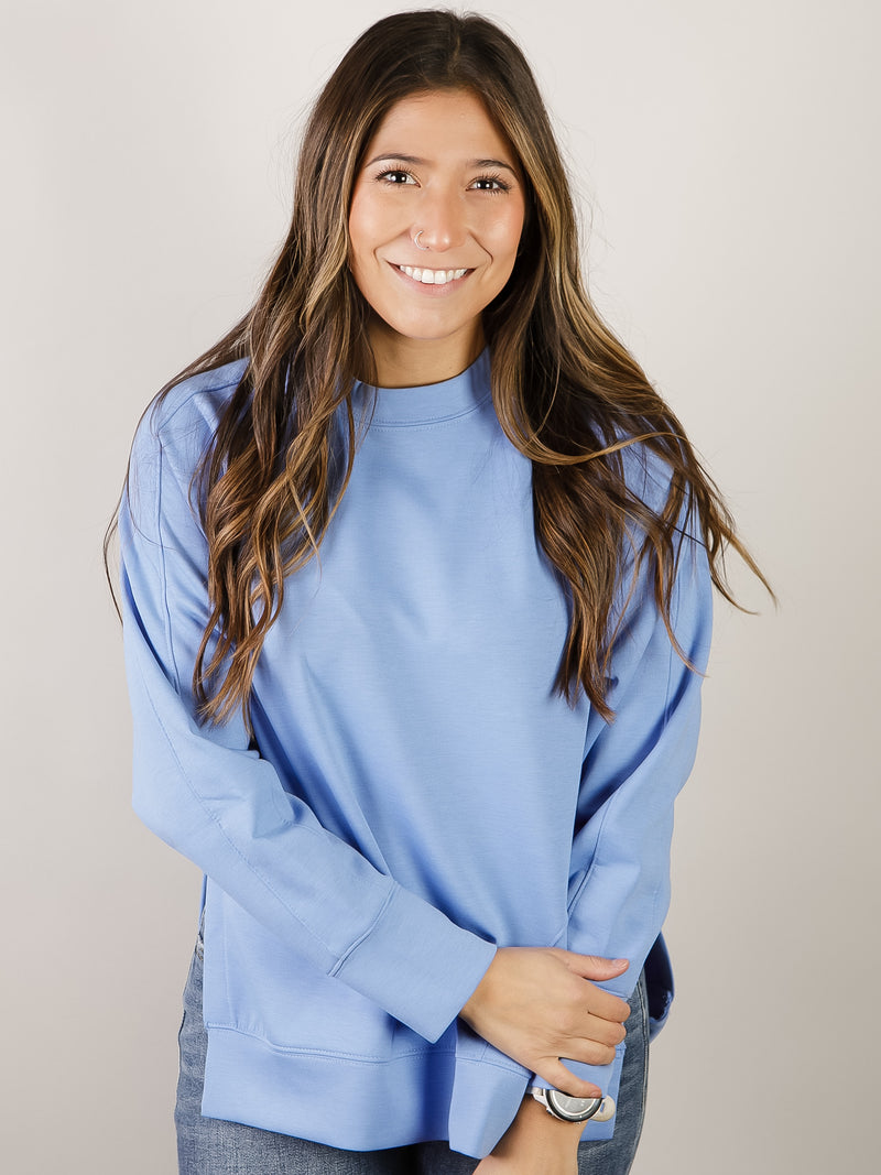 Blue Round Neck Scuba with Side Slits