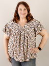 Navy Floral V-Neck Short Sleeve Blouse with Back Tie