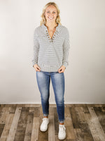 Ivory and Black Striped Long Sleeve with Eyelet V-Neck Detail