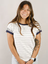 Heather Grey and Ivory Striped Top with Navy Sleeve