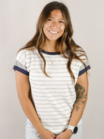Heather Grey and Ivory Striped Top with Navy Sleeve
