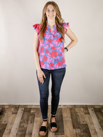 Royal Blue and Fuchsia Floral Sleeveless Blouse