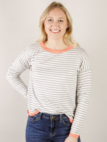 Heather Grey Striped Sweater with Coral Detail