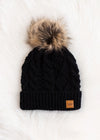 Black Cable Knit Hat with Natural Pom