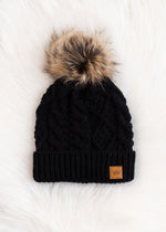 Black Cable Knit Hat with Natural Pom