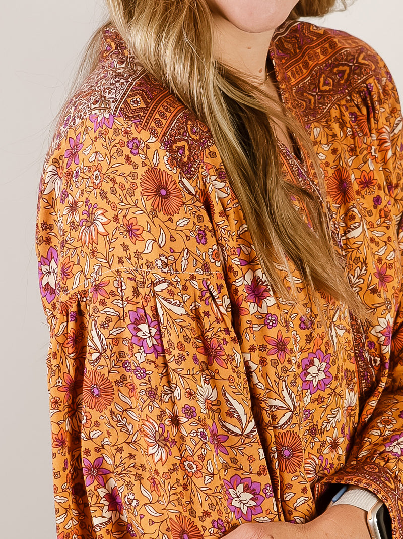 Clay Floral Print Long Sleeve V-Neck Blouse