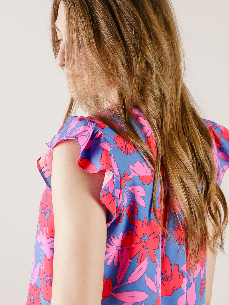 Royal Blue and Fuchsia Floral Sleeveless Blouse