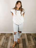 Heather Grey and Ivory Striped Top with Navy Sleeve