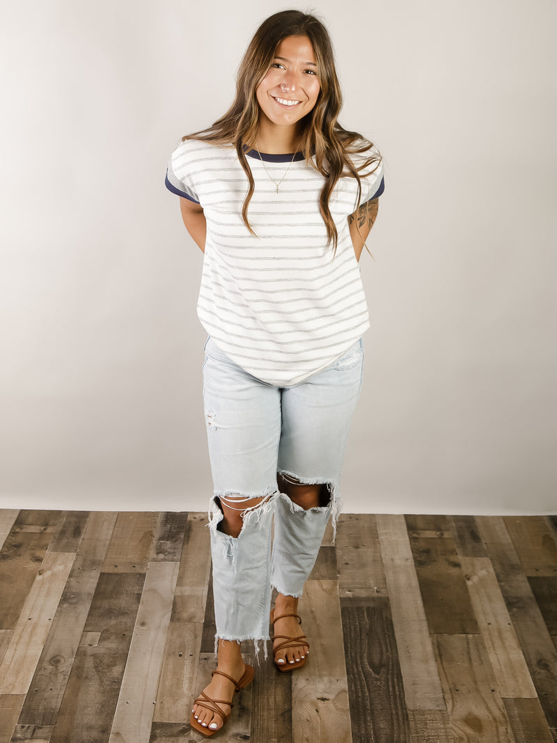 Heather Grey and Ivory Striped Top with Navy Sleeve