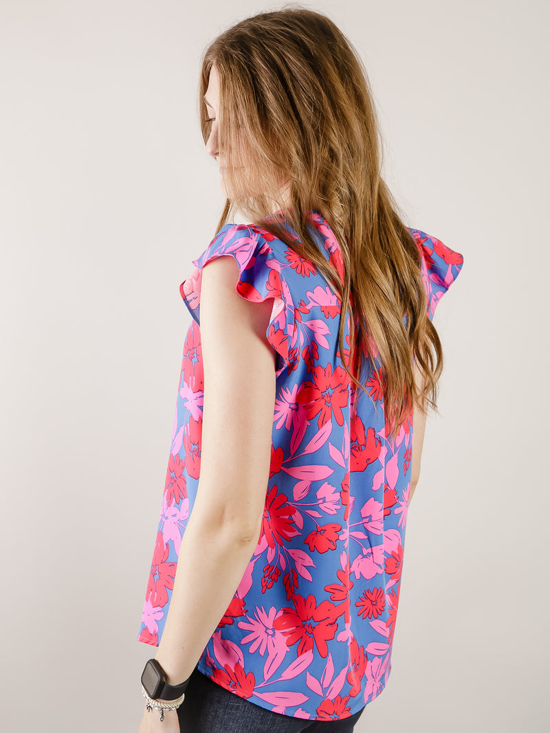 Royal Blue and Fuchsia Floral Sleeveless Blouse