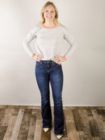 Heather Grey Striped Sweater with Coral Detail