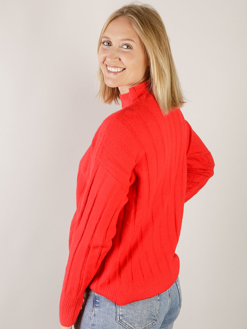 Red Wide Ribbed Mock Neck Sweater