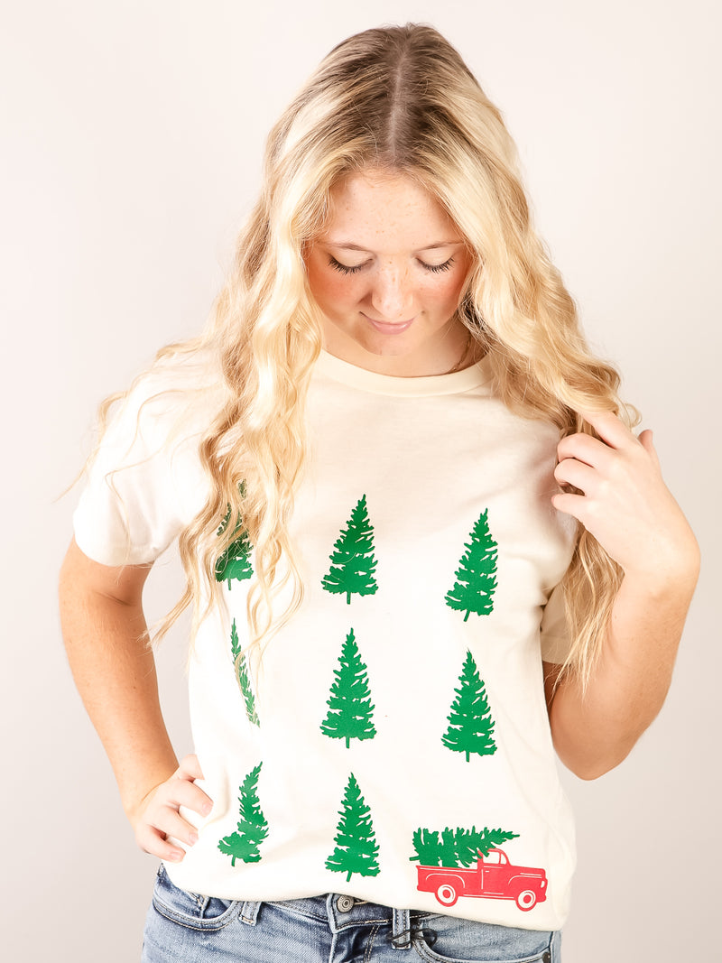 Ivory Christmas Tree and Truck Short Sleeve Graphic Tee
