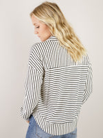 Ivory and Black Striped Long Sleeve with Eyelet V-Neck Detail