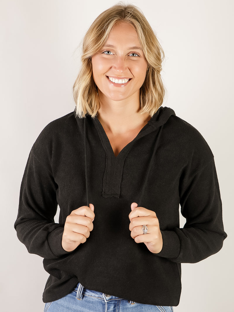 Black Solid Texture Hooded Pullover