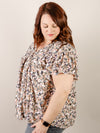 Navy Floral V-Neck Short Sleeve Blouse with Back Tie