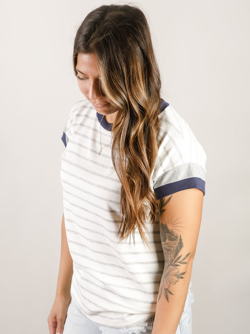 Heather Grey and Ivory Striped Top with Navy Sleeve