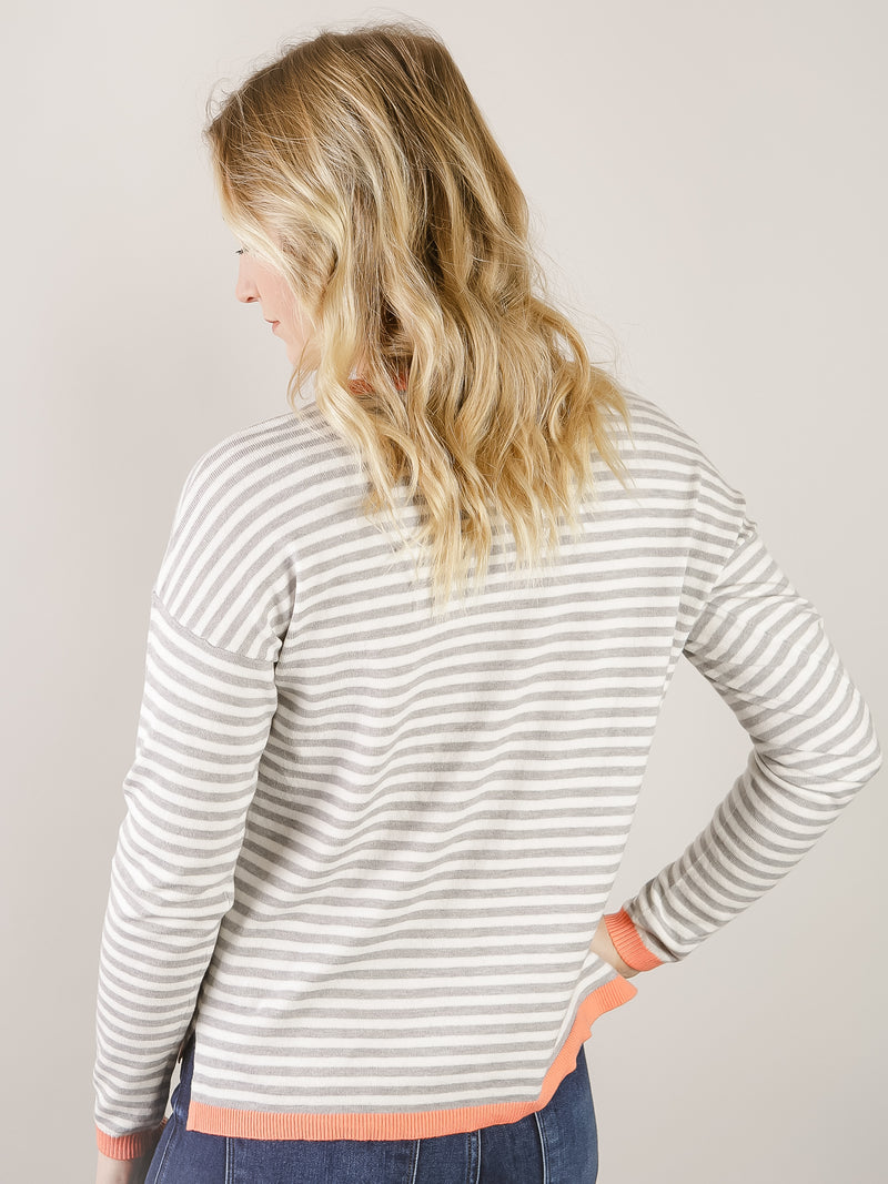 Heather Grey Striped Sweater with Coral Detail