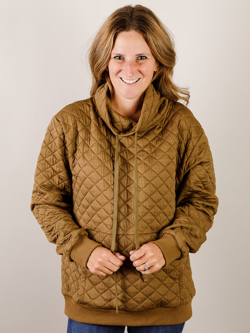 Olive Quilted Funnel Neck Pullover