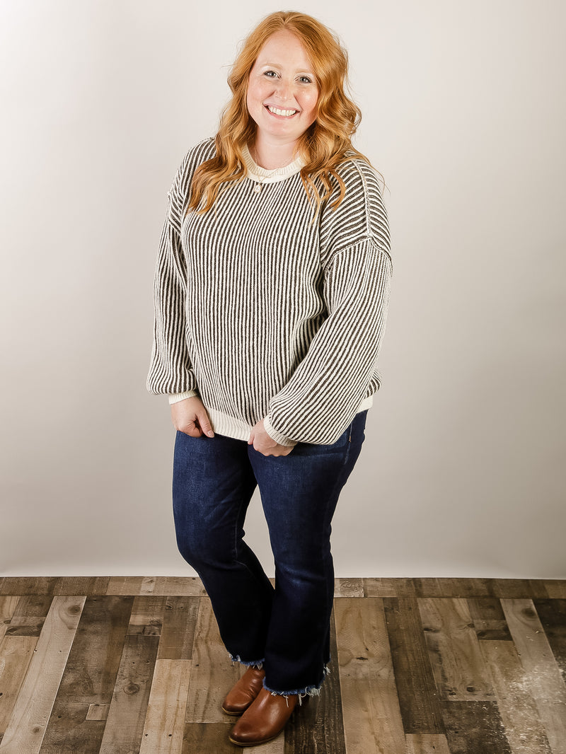 Cream and Black Stripe Crewneck Sweater