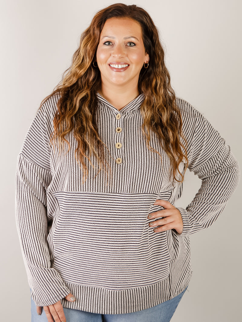 Curvy Black and White Striped Hooded Top