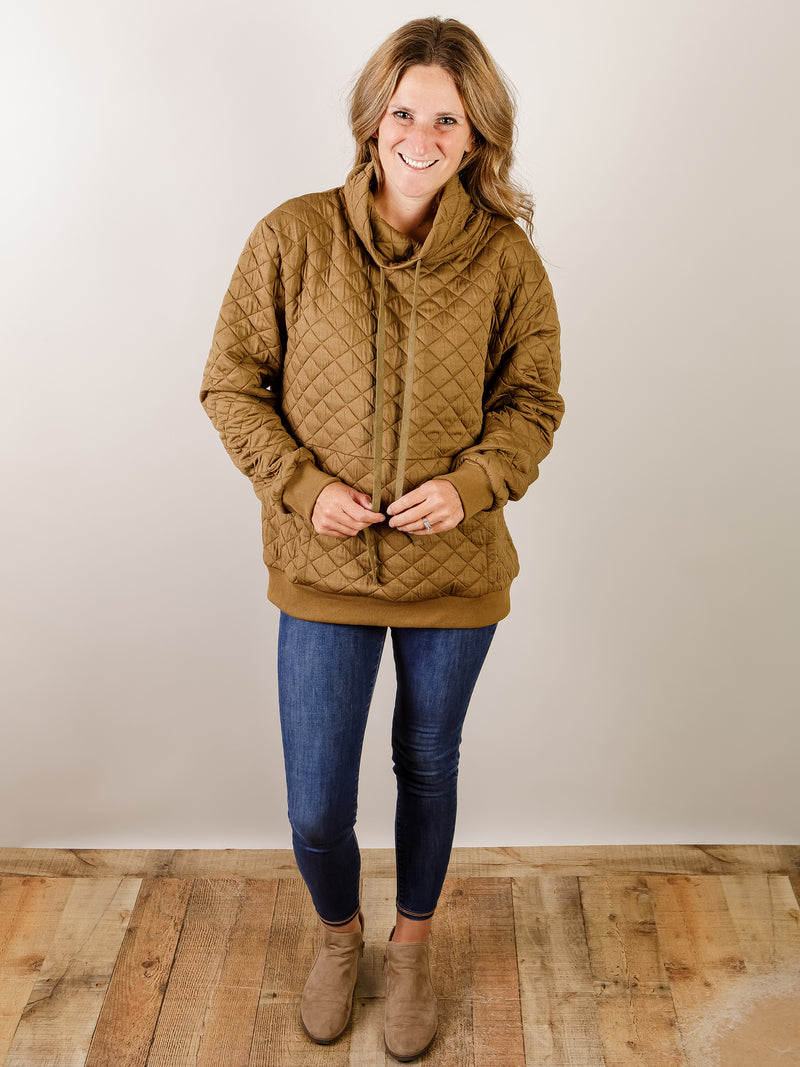 Olive Quilted Funnel Neck Pullover