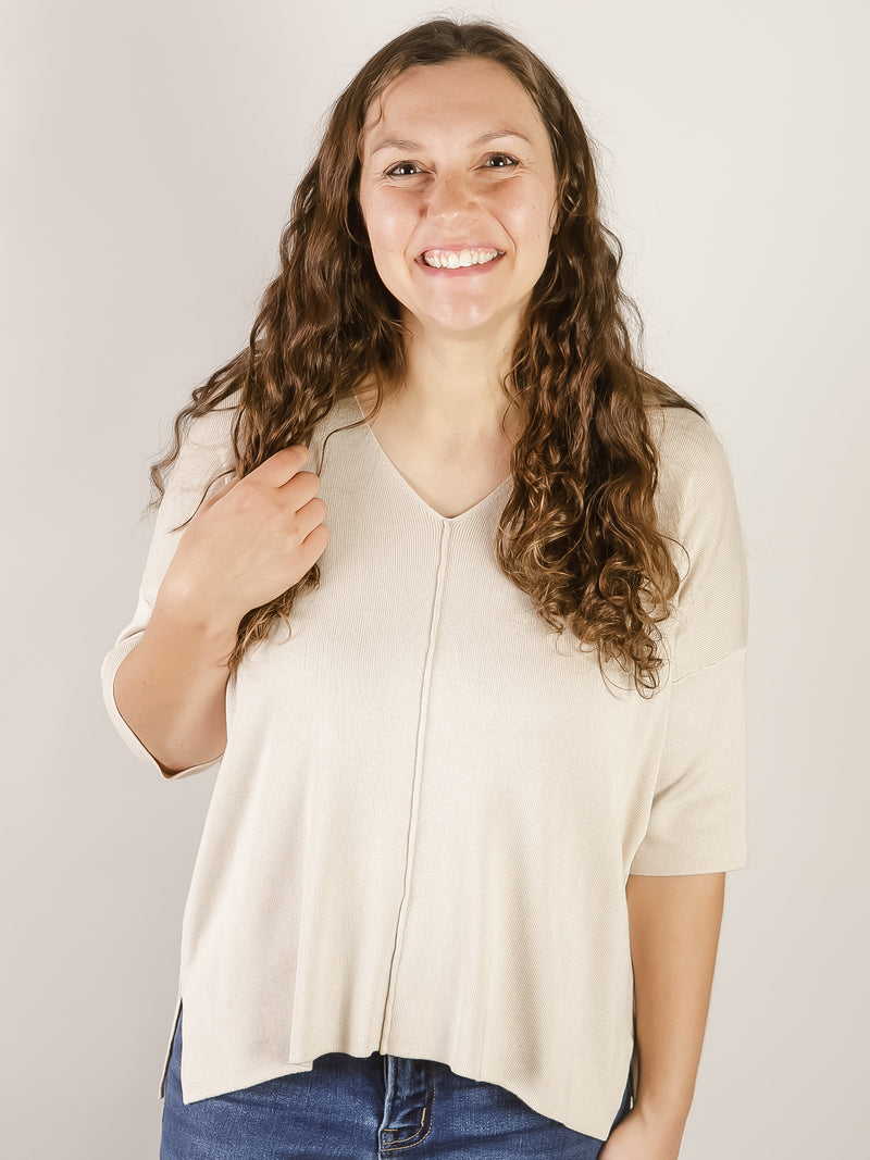 Cream V Neck 1/2 Sleeve Sweater