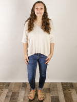 Cream V Neck 1/2 Sleeve Sweater