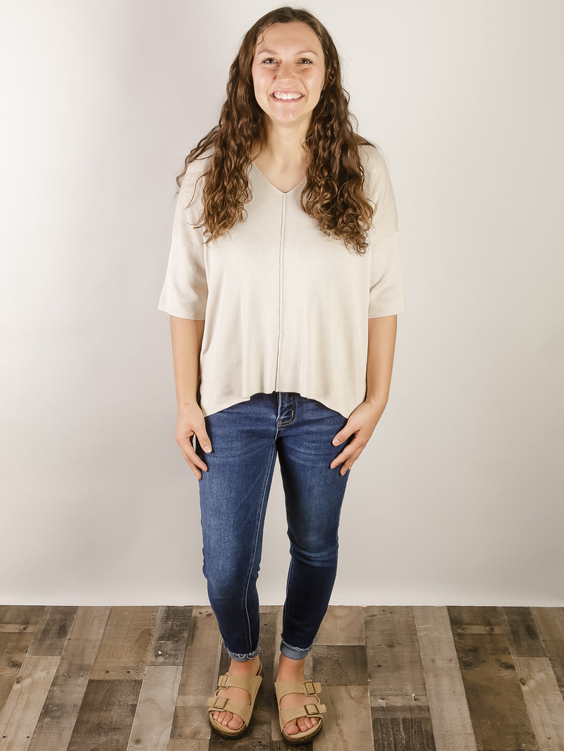 Cream V Neck 1/2 Sleeve Sweater