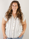 Curvy White with Black Geo Print Short Sleeve Blouse