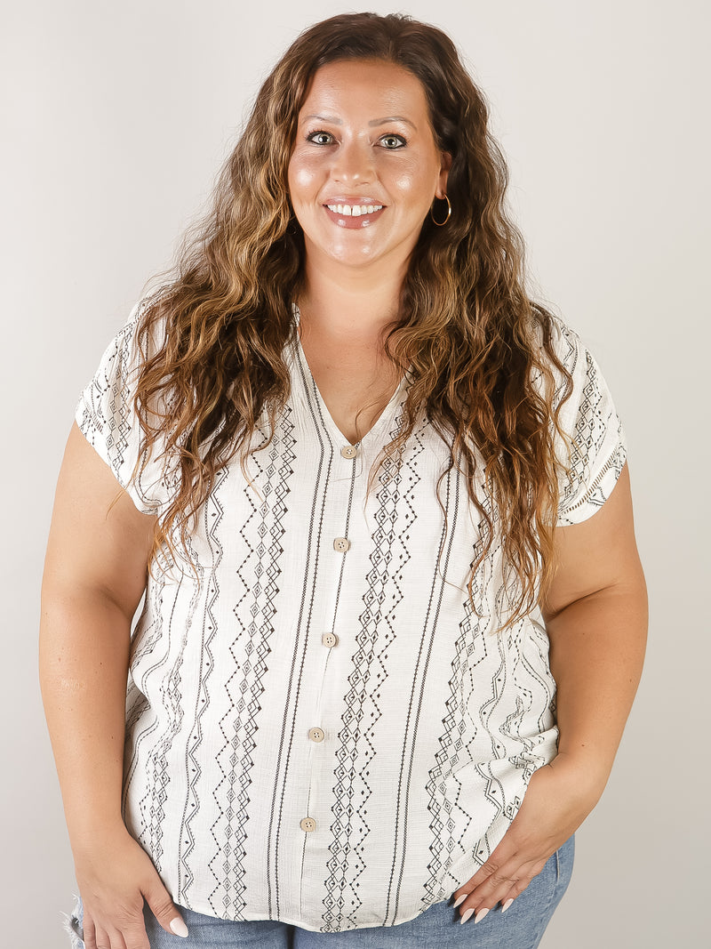 Curvy White with Black Geo Print Short Sleeve Blouse