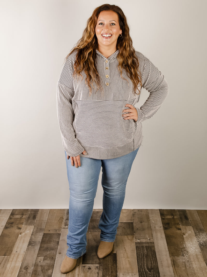 Curvy Black and White Striped Hooded Top