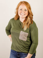 Olive 3/4 Sleeve Knit Top with Leopard Pocket