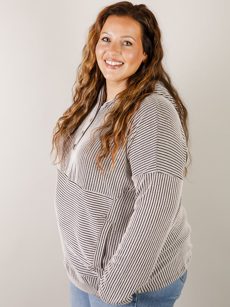 Curvy Black and White Striped Hooded Top