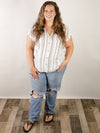 Curvy White with Black Geo Print Short Sleeve Blouse