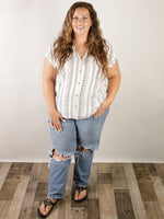 Curvy White with Black Geo Print Short Sleeve Blouse