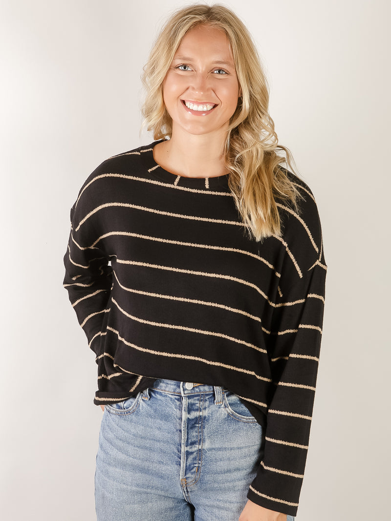 Black with Tan Stripe Knit Long Sleeve
